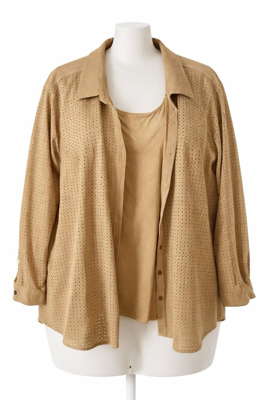 White Stag Plus 26W 28W Cappuccino Mesh Button Front Blouse Jacket Lined
